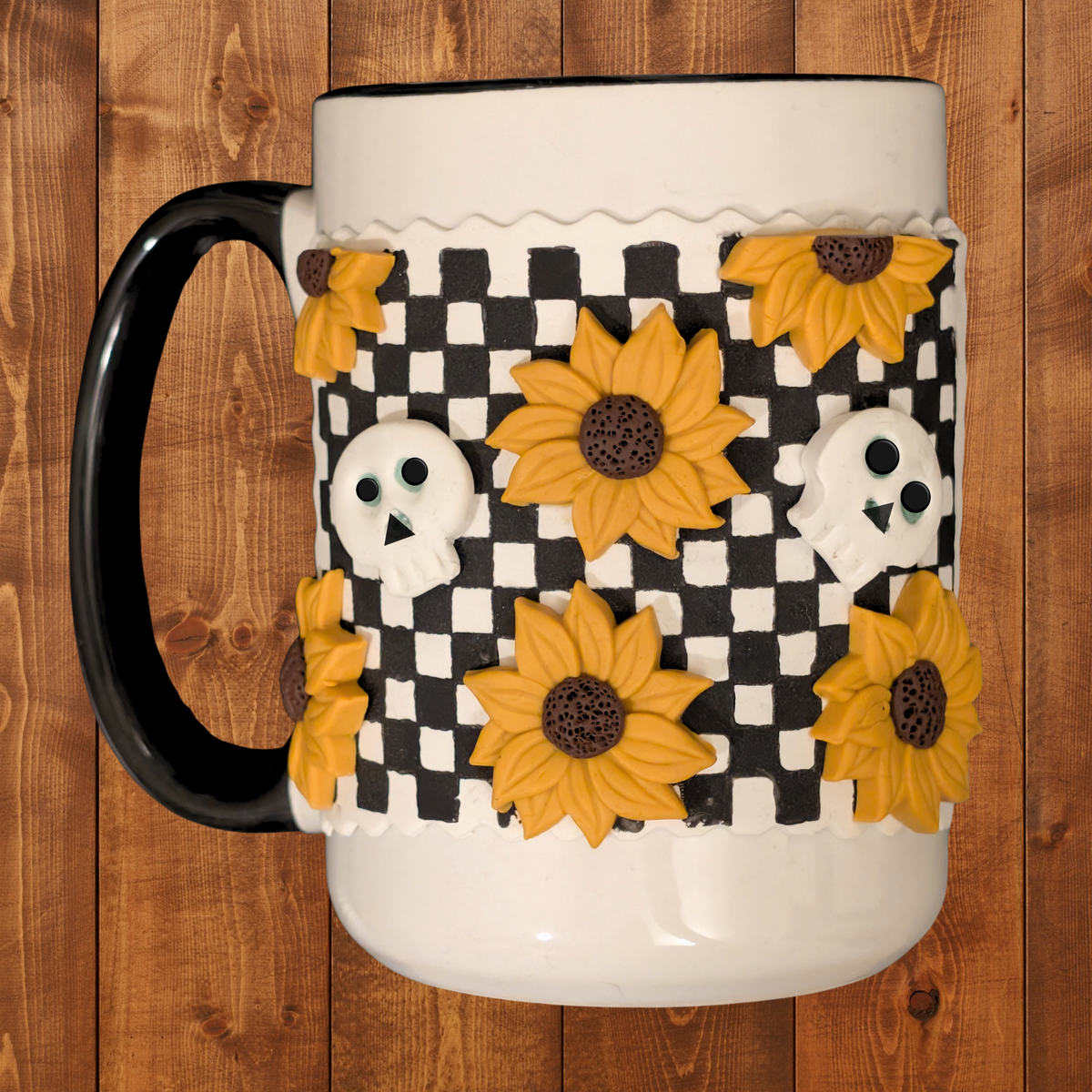Checkered W/ Sunflowers and Skulls Clay Decorated Mug