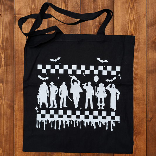 Checkered Horror Squad Lineup Tote Bag - White