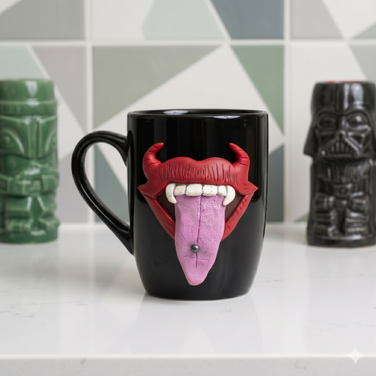 Rocker Devil Pierced Tongue Clay Decorated Mug